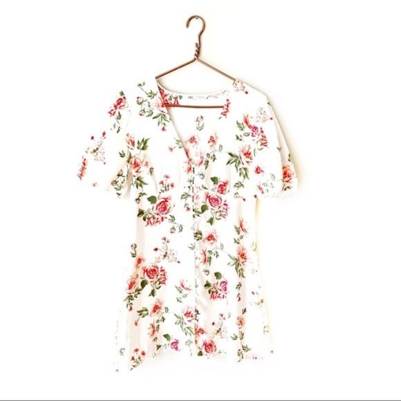 Zara White Linen Blend Puff Sleeve Button Front Mini Dress - Picture 2 of 11